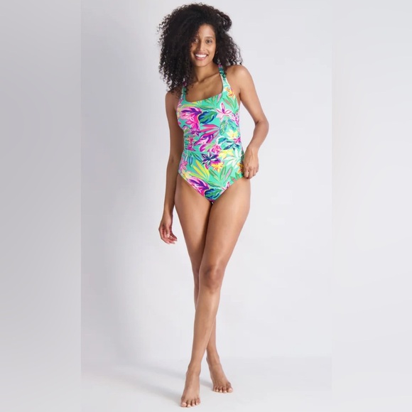 Stella Parker Shirred Multi-Color Hawaiian Floral One Piece Swimsuit Sz M New - Picture 4 of 11
